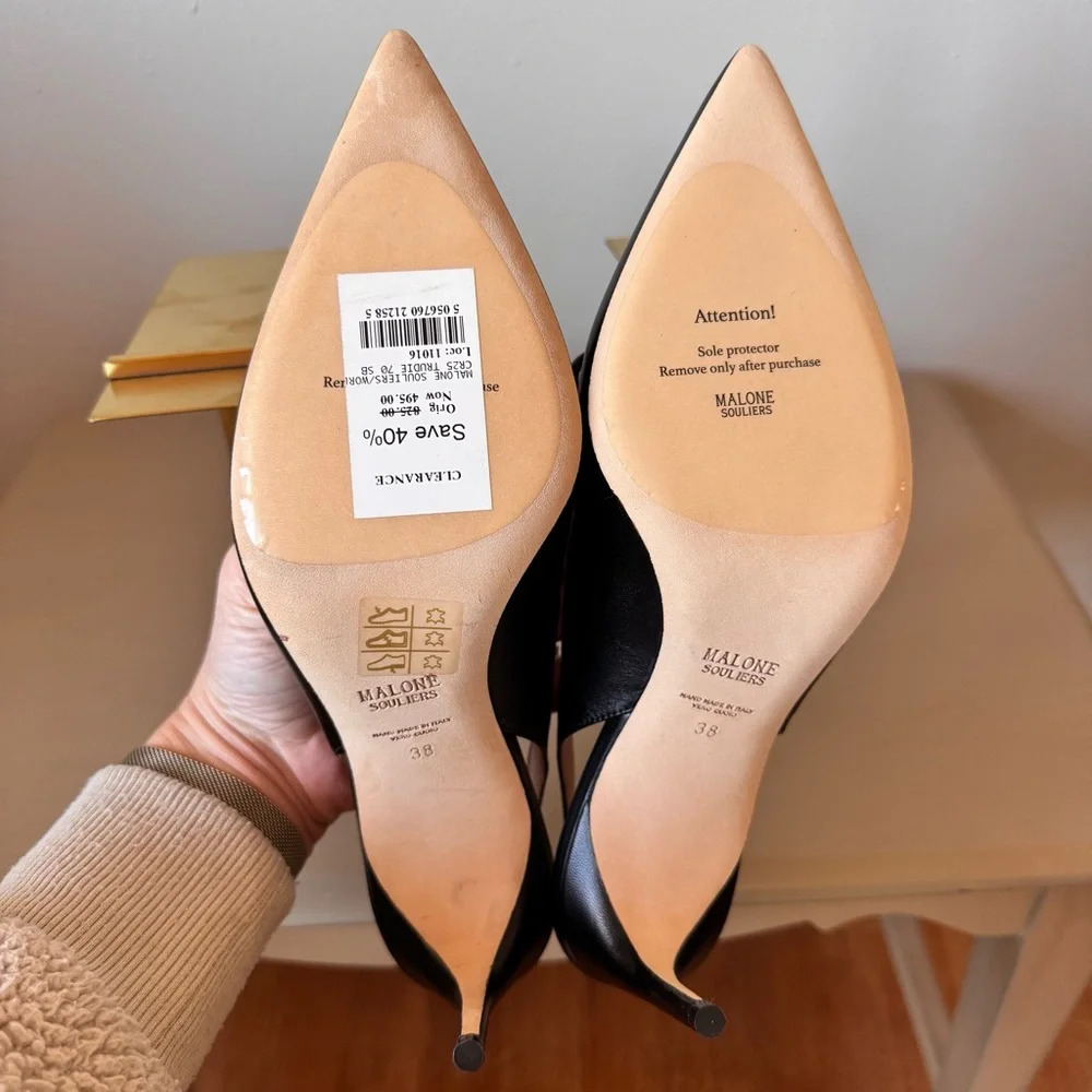 Malone Souliers Trudie Slingback Pumps Black Nappa Laced Pointed Toe EU 38 NWT